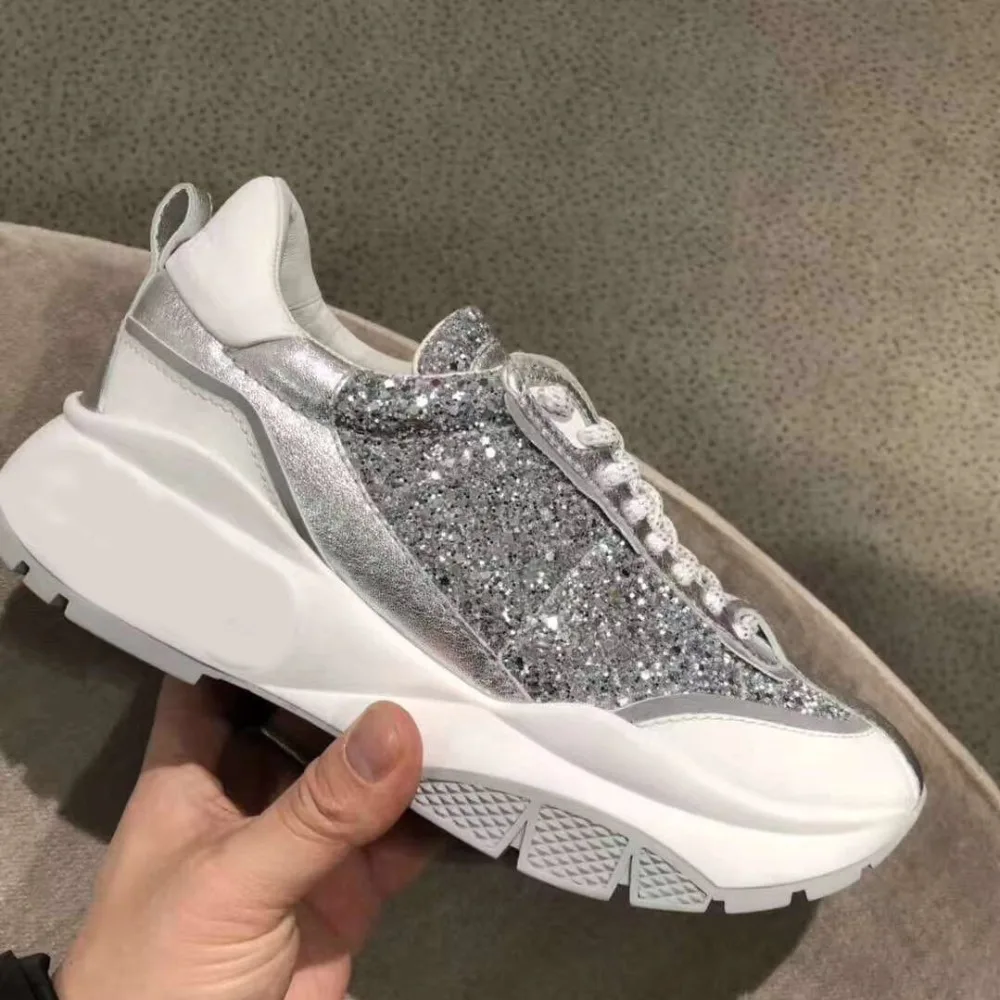 

2019 Spring New Patchwork Sneakers Women Glitter Casual Shoes Lace-up Platform Sport Shoes Thick Heel Dad Shoes Tennis Sneaker
