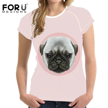 

FORUDESIGNS Slim Fit Puppy Pug T Shirt Summer Women Short Sleeve Cute Female Ladies Tops Tee British Women T-shirt Custom Plus