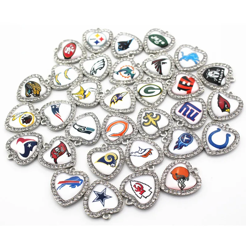 

Wholesale Mixs 32pcs/lot Metal Heart USA Football Team Crystal Dangle Charms Fit Women Men Sports Necklace Bracelet DIY Jewelry