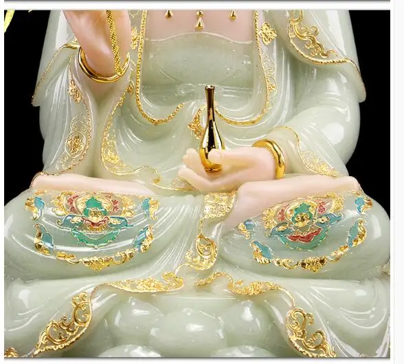 30 см большой-высококачественный натуральный нефритовый позолота Гуаньинь, Будда дома храмовый эффективный талисман резная скульптура статуя