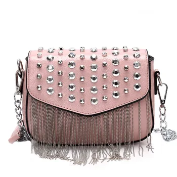 

Elegant Female Rivet Flap Square bag 2019 New Quality PU Leather Women's Designer Handbag Tassel Chain Shoulder Messenger Bag