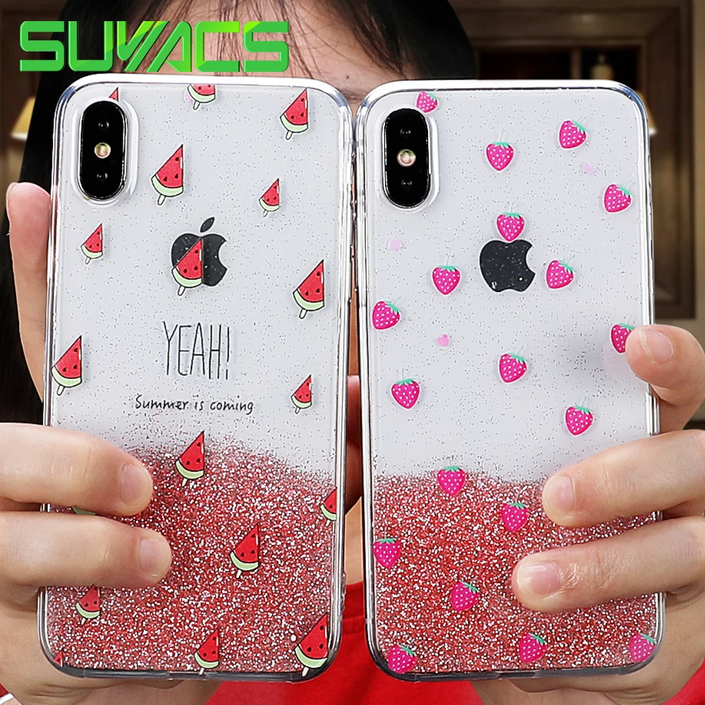 

SUYACS Watermelon & Strawberry Glitter Gradient Case For iPhone XS MAX XR X 6 6S 7 8 Plus Letters TPU Soft Phone Cases Coque