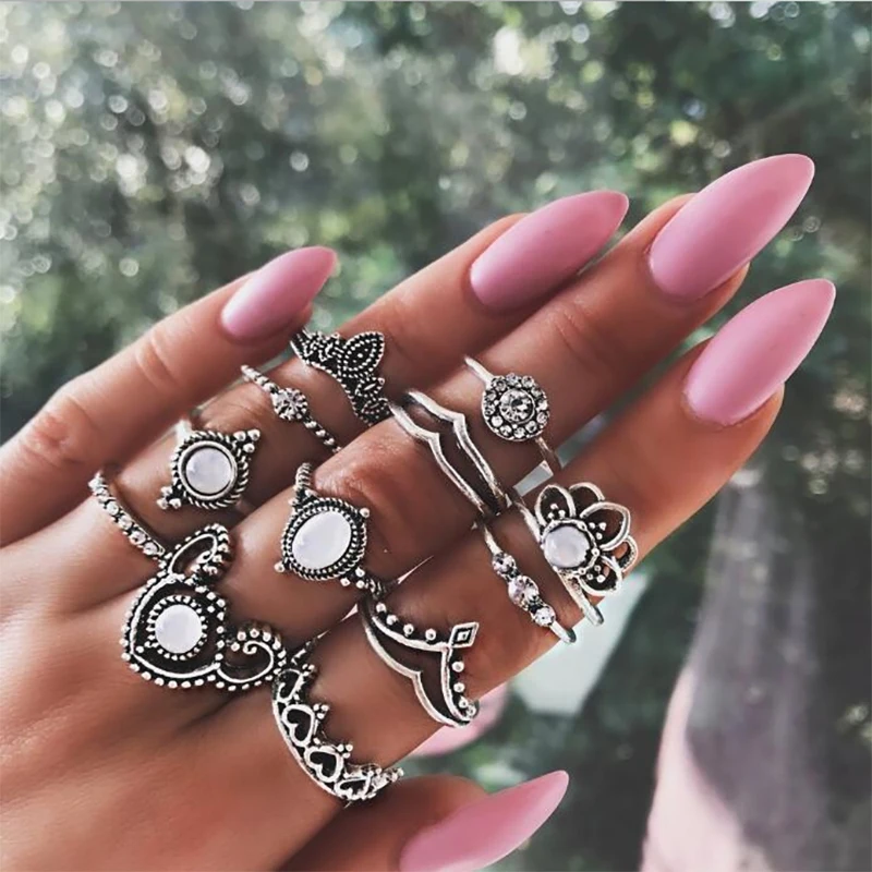 

FAMSHIN 12 Pcs/Set Bohemian Beach Retro Opal Midi Ring Set Hollow Crown Wave Gems Geometry Crystal Ring Women Charm Jewelry Gift