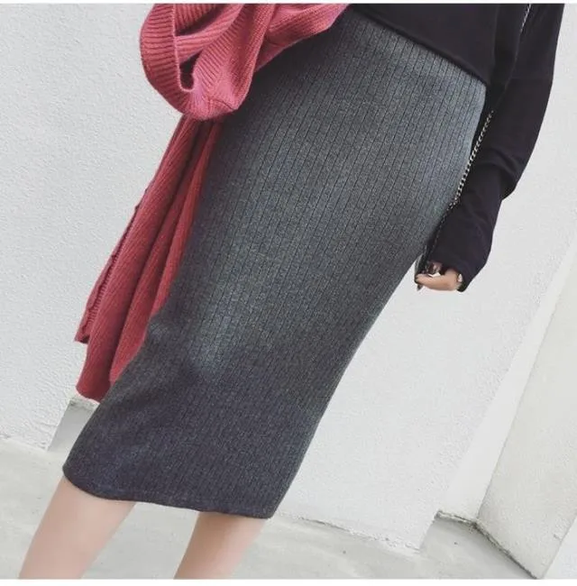 Women Skirts Knitting Solid Female Pencil Skirt Autumn Winter High Waist with Package Hip Split Ends Long Skirt