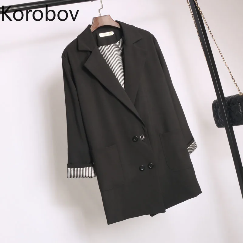 

Korobov New Arrival Long Sleeve Black Blazer Feminina Autumn Korean Double Breasted OL Women Blazers Thin Female Coats 77932