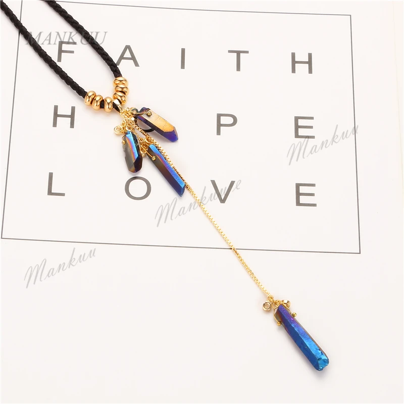 

Fashion Druzy Pendant Necklace Leather Chain Point Quartz Crystal Pillar Healing Specimen Natural Stone Women Jewelry Xmas Gift