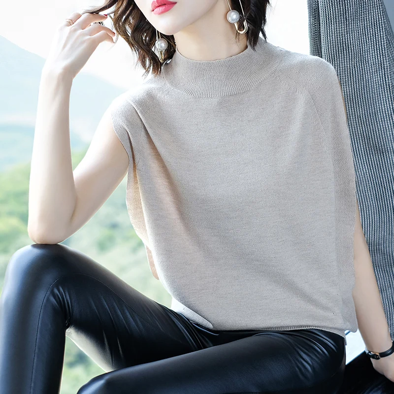 

Women's Sleeveless Wool Knit Blouse Spring Autumn Ladies Turtleneck Thin Knit Clothes Sleeveless