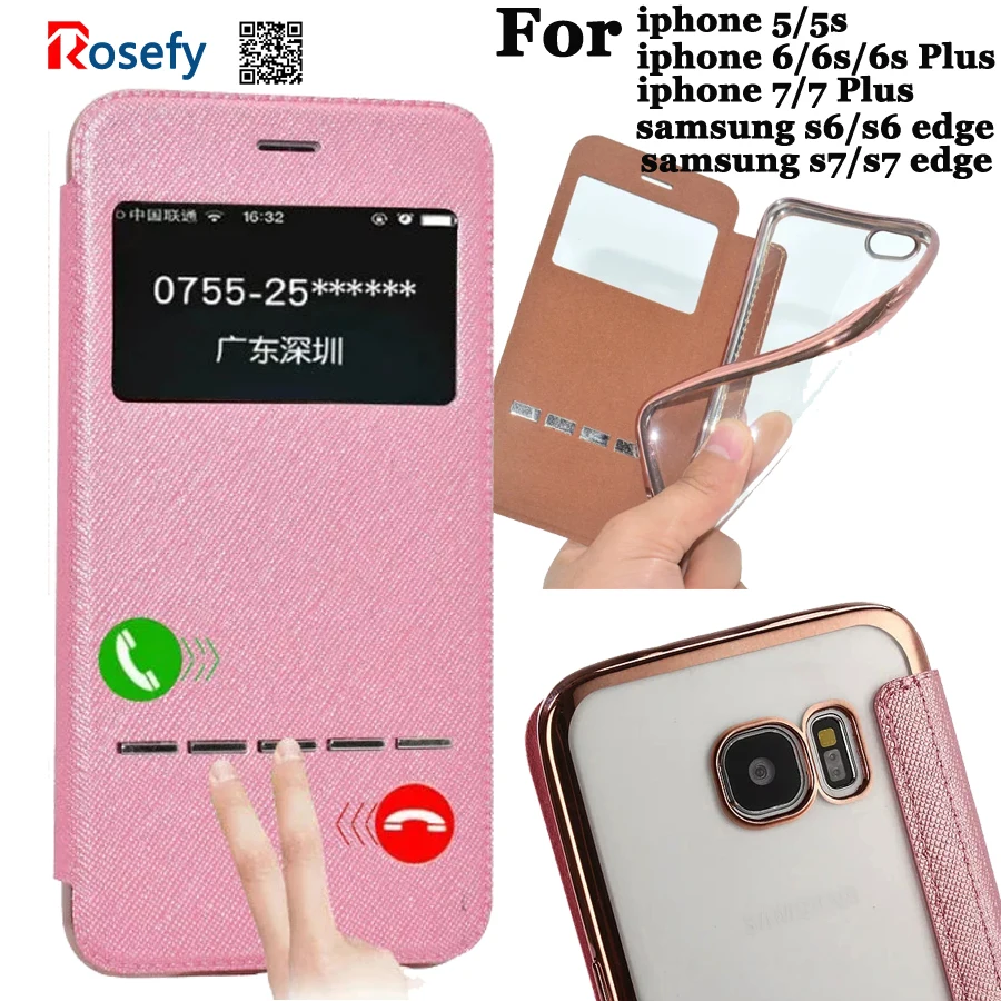 

Leather Flip Case Cover For Samsung Galaxy S6 Edge/ S7 Edge/ S8 Plus/iPhone 5s/6 6s plus/7 plus View window smart Sliding answer