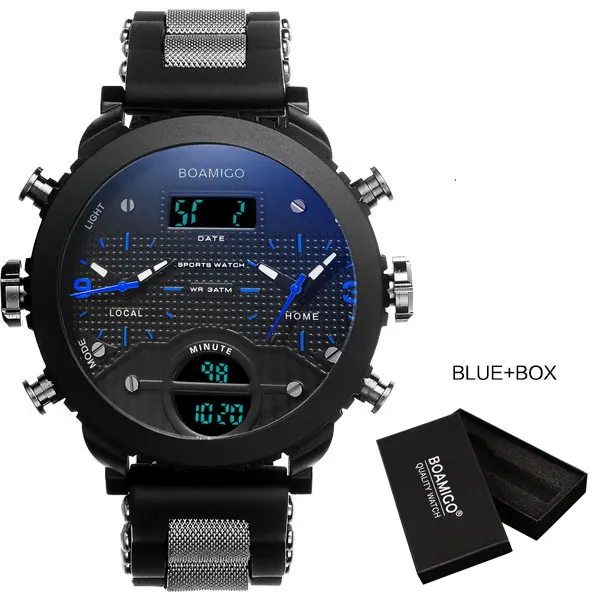 Мужские спортивные часы BOAMIGO, Брендовые мужские часы, 3 часовых пояса, резиновый светодиодный, цифровые часы, военные кварцевые наручные часы, Подарочная коробка F905 - Цвет: blue with box