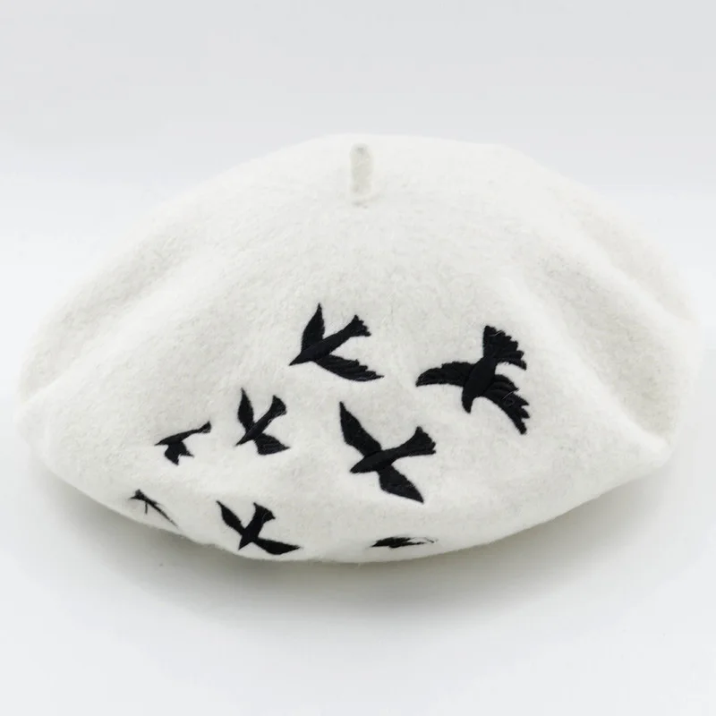 Winter hats for women Berets Knitted wool beret mujer Embroidered Swallows Pattern Berets Hats Baret Warm Caps Boina Feminina 6