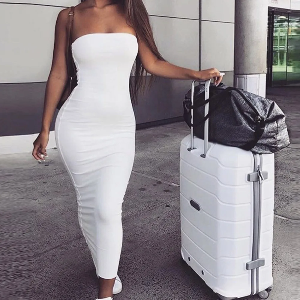

2019 Summer New Sexy Dress Women Faux Leather Bustier Pencil Celebrity Strapless Off Shoulder Midi Dress Party wear LD