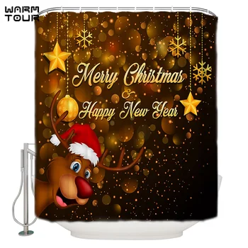 

WARMTOUR Shower Curtain Merry Christams Happy New Year Elk Extra Long Fabric Bath Shower Curtains Bathroom Decor with Hooks