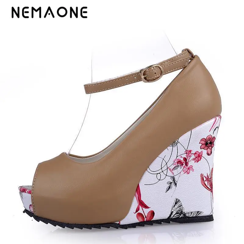 

NEMAONE 2017 Summer Fashion Sexy Ankle Strap High Heels Sandals Peep-Toe Women Wedges Sandals Woman Party Wedding Shoes