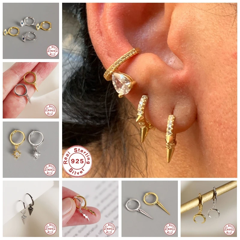 

925 Sterling Silver Earrings 2019 Triangle Lightning Star Moon Geometric Earrings Drop Hanging Dangle Earring Pendientes Gift J4