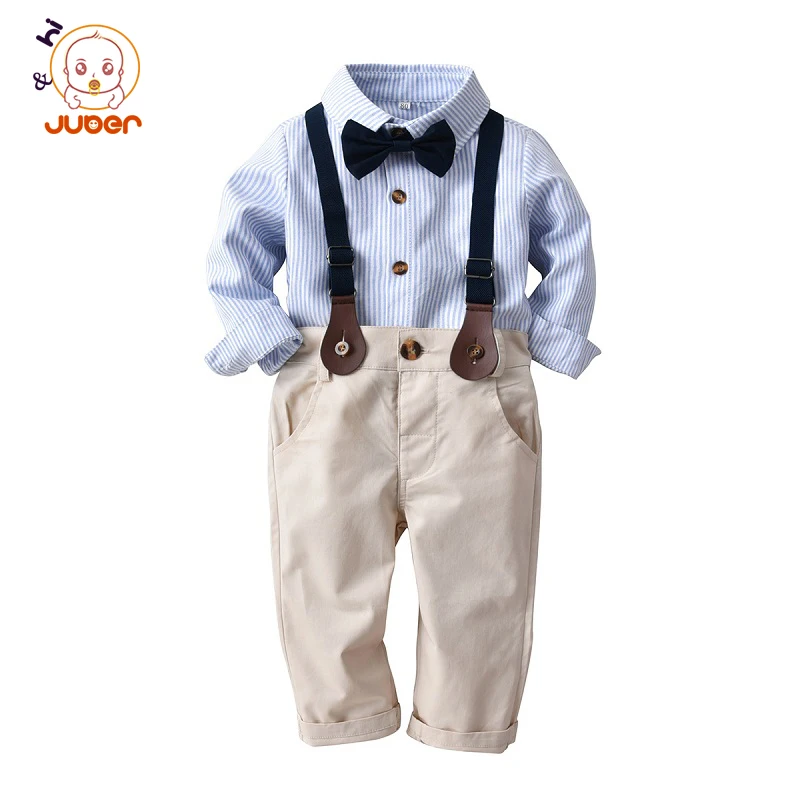 

Fashion Boy Clothes Set Teenager Cotton Long Sleeve Kids Suit Children Outfits Bowknot Tie Striped Blouse+Pants Suspender Spring