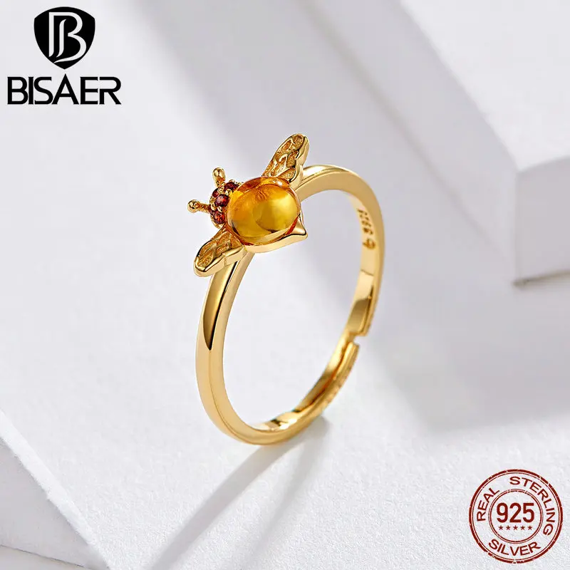 BISAER 925 Sterling Silver Gold Color Bee Finger Rings Top Quality Glass Zircon Women Fashion Statement Jewelry Bijoux GAR034