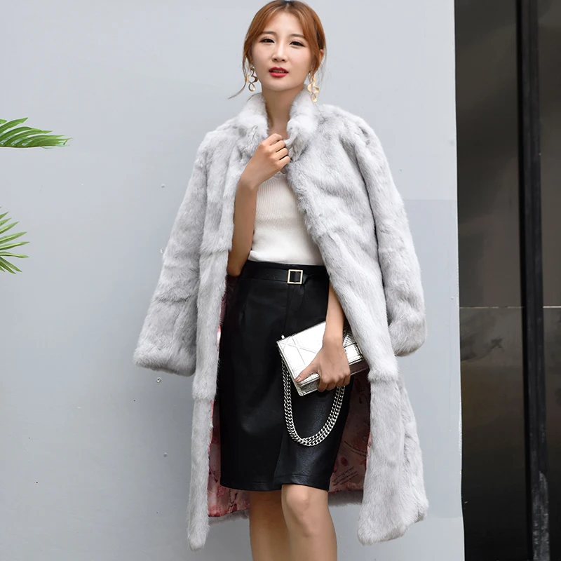 Пальто из натурального кроличьего меха, женская модная куртка с воротником-стойкой 100 см, женская верхняя одежда