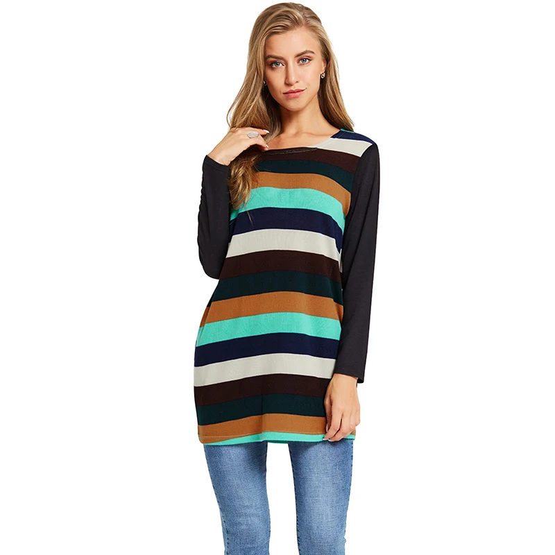 

Women Slouchy T-shirt Colorful Striped Knitting Tunics Long Tees Shirts Oversized Casual Tops Autumu Tshirts For Women