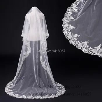 

3 Meters White Ivory Long Chapel Applique Tulle Lace Bridal Wedding Mantilla Veil 2015 Free Shipping