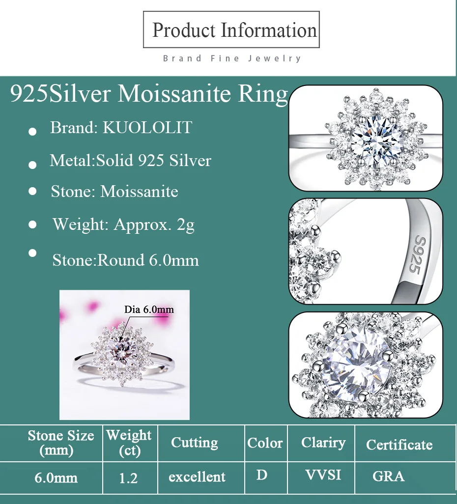 Kuolit кольца с муассанитом для женщин 925 Твердое Стерлинговое серебро кольцо 0.8ct муассанит обручальное кольцо хорошее ювелирное изделие подарок