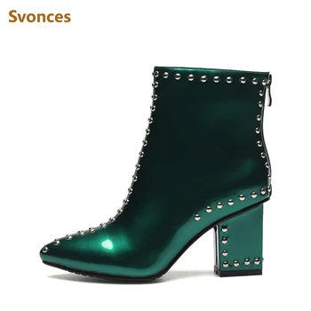 

Fashion Warm Winter Woman Boots New Patent Leather Studs Round Toe Boot Lady Chunky Heels Back Zipper Chelsea Boots Shoes Women