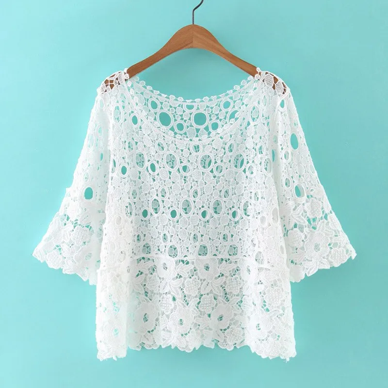 Loose Vintage Lace Ladies Blouse Crochet Summer Blouse Women Tops And Blouses 2018 Hollow Out Lace Shirt For Women Sexy Shirt Blouses
