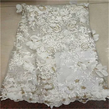 

3D Flower African Lace Fabric white High Quality Lace beads French Tulle Lace Fabric With Stones Party African Lace Material