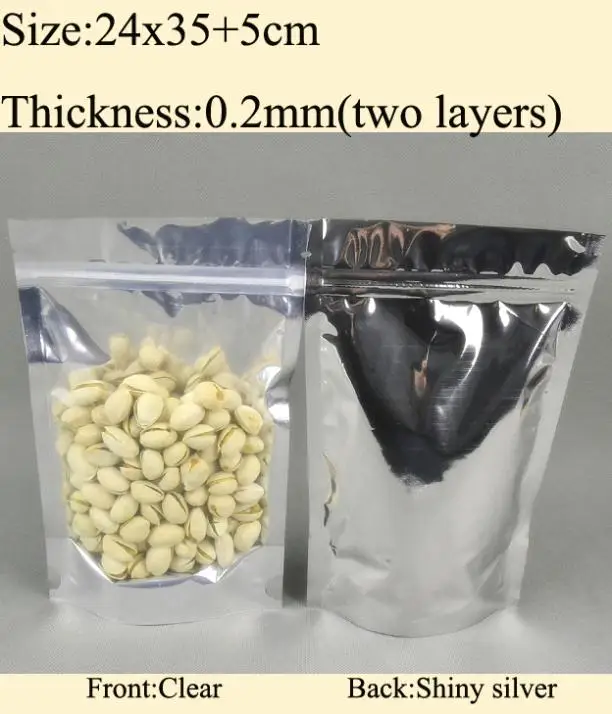 

24x35+5cm, Aluminum Foil Silver / Clear Zip Lock Bag Stand up foil bag 50pcs/lot wholesale FreeShipping