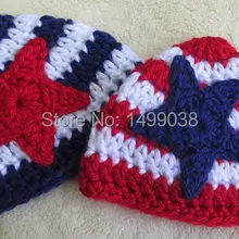 Крючком новорожденного шляпа, Детские шапочки, Военная униформа, звезды и полосы, americana, Детские наряд для фотосессий, синий Шапочка череп Кепки, полосатая шапочка