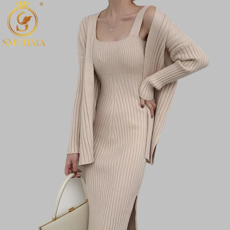 Online 2019 neue Hohe qualität winter Frauen Casual Langarm Strickjacke + Hosenträger Pullover Weste Kleid Zwei Stück Runway Kleid anzug