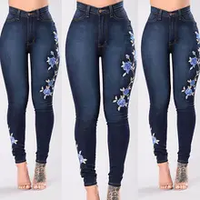Новые Женские Эластичные Обтягивающие джинсовые брюки с высокой талией длинные синие узкие джинсы с цветочным принтом 6-14