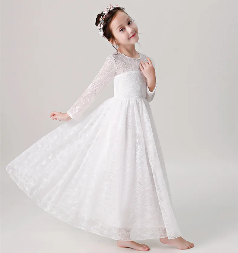 JaneVini/белое платье с длинными рукавами и цветочным узором для девочек, детское платье для свадьбы, кружевное платье с бусинами на шее, платье