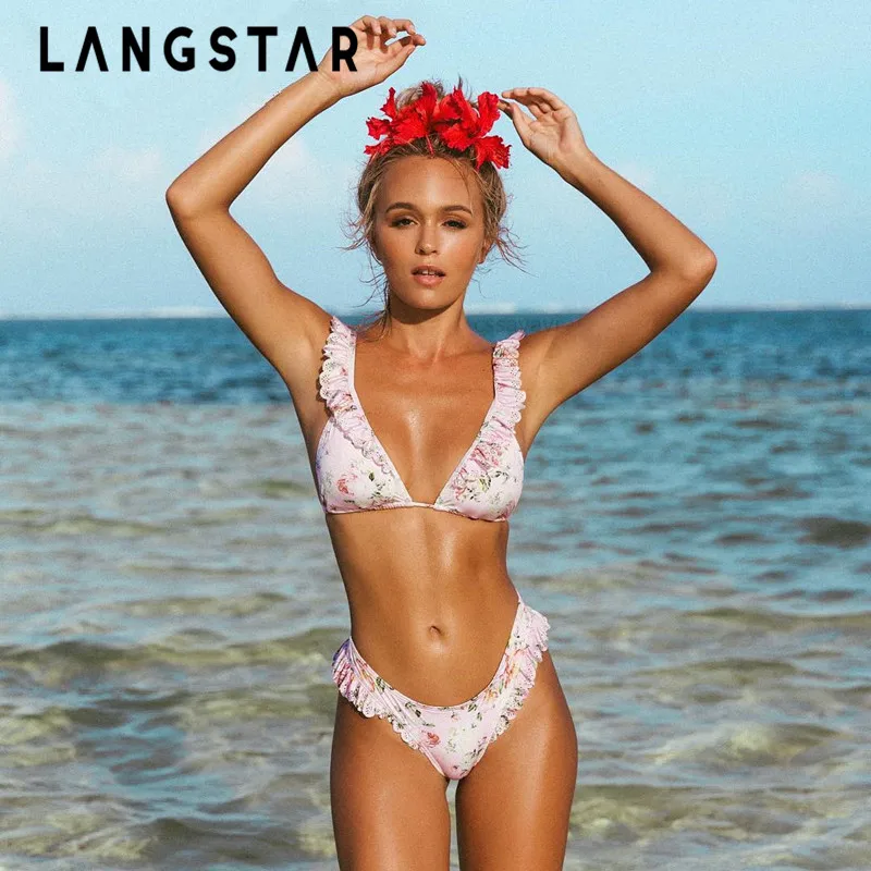 

LANGSTAR Bikini Sexy Spaghetti Strap Ruffled Swimwear Women Swimsuit Padded Backless Floral Low Waisted Biquni Bathing Suit 2018