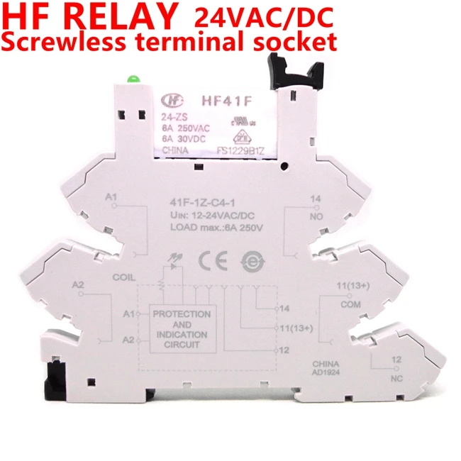 

5PCS 41F-1Z-C4-1 HF41F 5V 12V 24V 6A 1CO Slim Relay Screwless terminal sock with LED and Protection Circuit 24VDC/AC Wafer relay