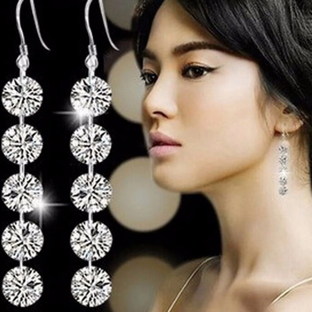 

1 Pair Chic Lady Delicate Round Zircon Crystal Silver Dangle Hook Earrings Bridal Pair#269455