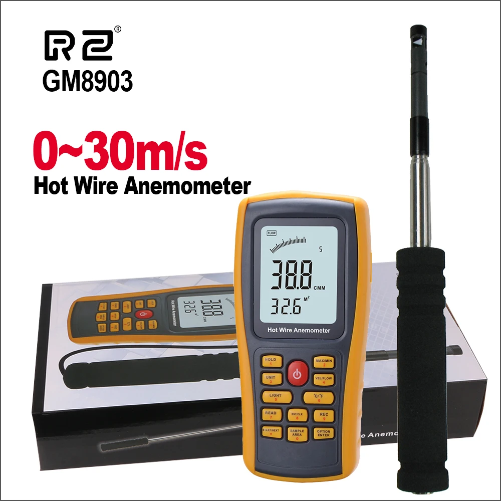 RZ Анемометр Скорость ветра ручной цифровой измеритель скорости ветра переносной Анемометр Датчик скорости ветра RZ818 GM816 0-30 м/с - Цвет: GM8903