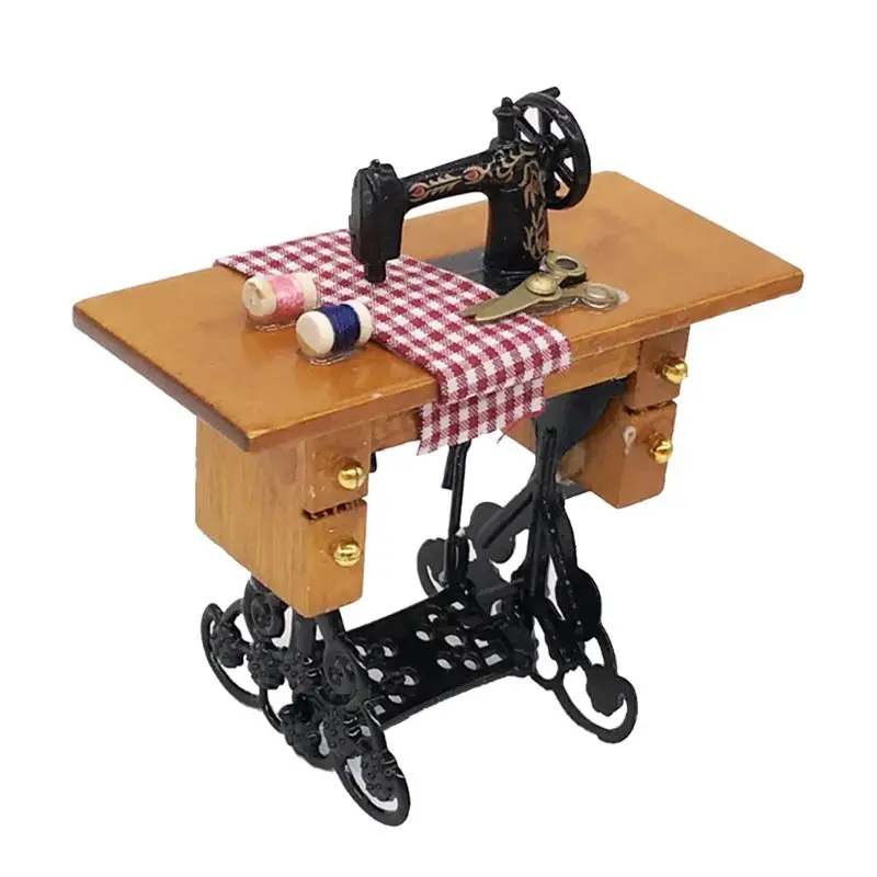 

Miniature Furniture Sewing Machine With Line Wooden Scissors Children Doll House Decoration Accessories Toys For Girls