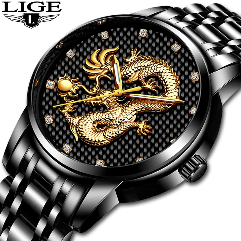 

LIGE Mens Watches Top Brand Luxury Quartz Watch Men Casual Waterproof Gold Dragon Full Steel Sport Wrist Watch Relogio Masculino