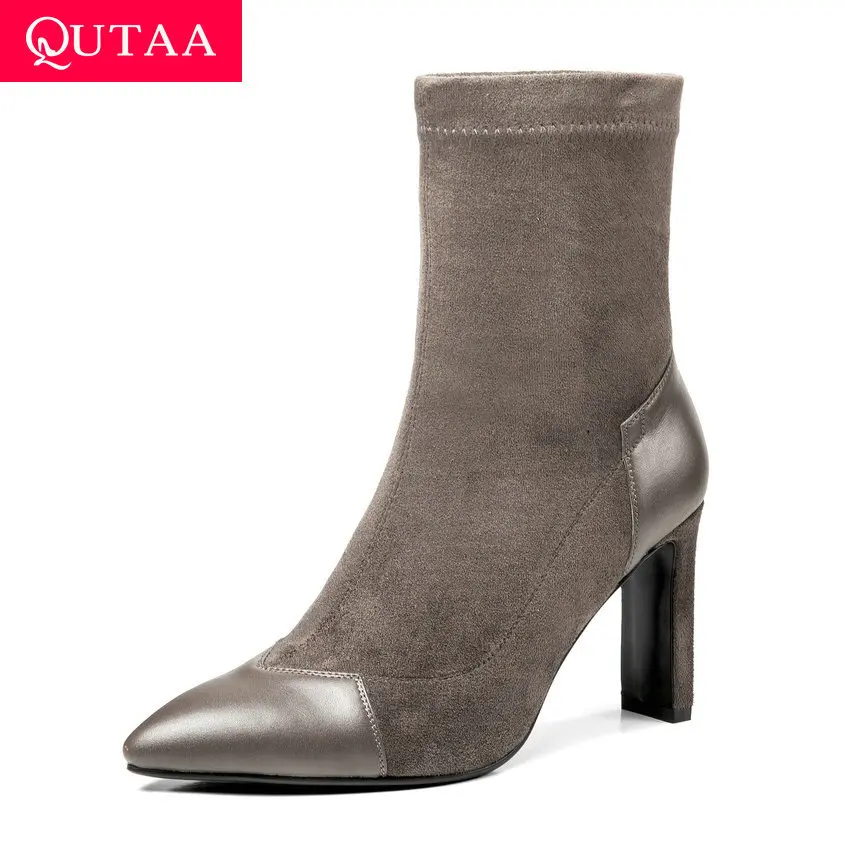 

QUTAA 2020 Square Heel Autumn Winter Shoes Cow Leather Stretch Suede Ankle Boots Sexy Pointed Toe Women Short Boots Size 34-39