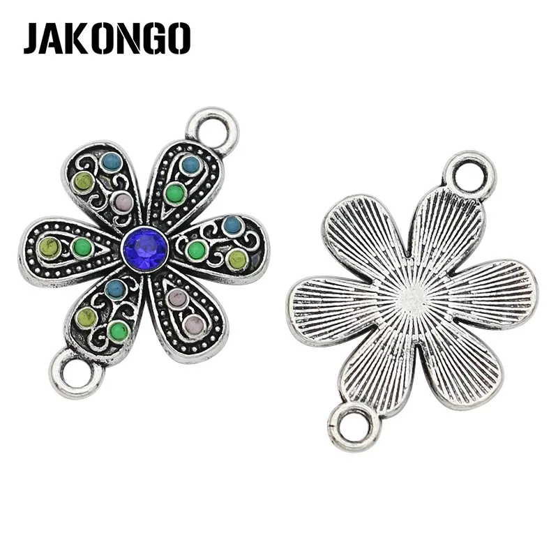 JAKONGO Antique Silver Plated Crystal Flower Connector for Jewelry Making Bracelet DIY Accessories Handmade Craft 23x16mm 5PCS