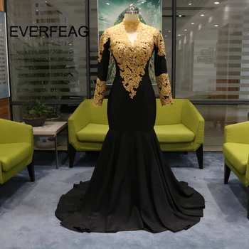

Vintage Long Sleeves Black Evening Dresses 2020 Gold Applique Lace Mermaid Moroccan Kaftan Formal Evening Gown