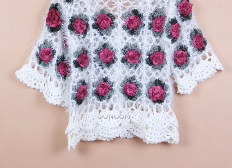 Новый горячая Распродажа Мода ручной работы Роза выдалбливают четверти рукав для женщин свитер ручной вязвязаный крючком кардиган Белый