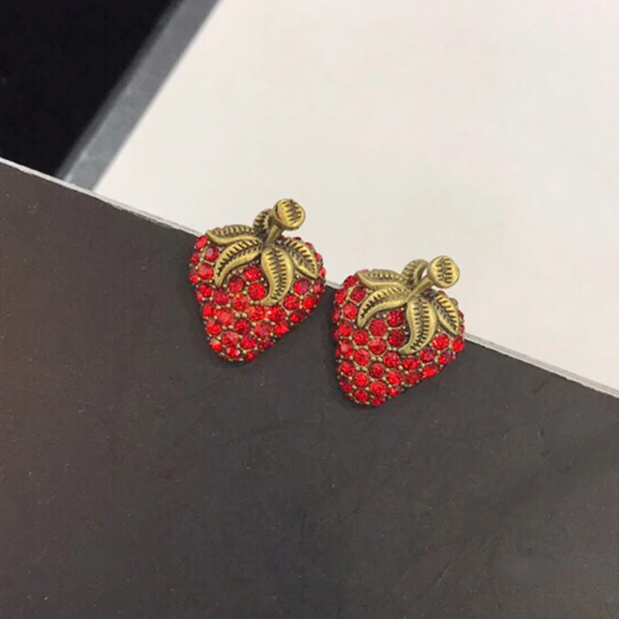 

2019 Summer Newest Most Popular Jewelry Fashion Red Crystal Strawberry Stud Earrings Luxury Brand G Charms Vintage Gold Color