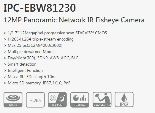 Dahua IPC-EBW81230 12 МП ультра панорамная ИК Сеть рыбий глаз камера IP67 IR 10 м sd-карта слот с POE DH-IPC-EBW81230 с логотипом