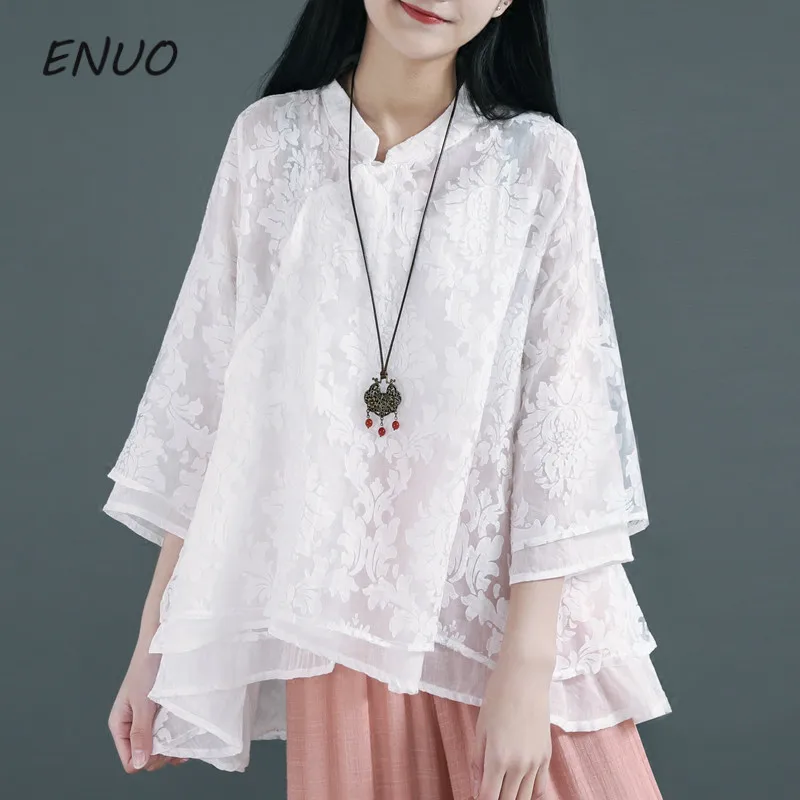 

Solid Color Stand Collar Mesh Jacquard Seven-sleeve Double-layer Soft Thin Cotton and Linen Blouse Women Shirts Flax Tops
