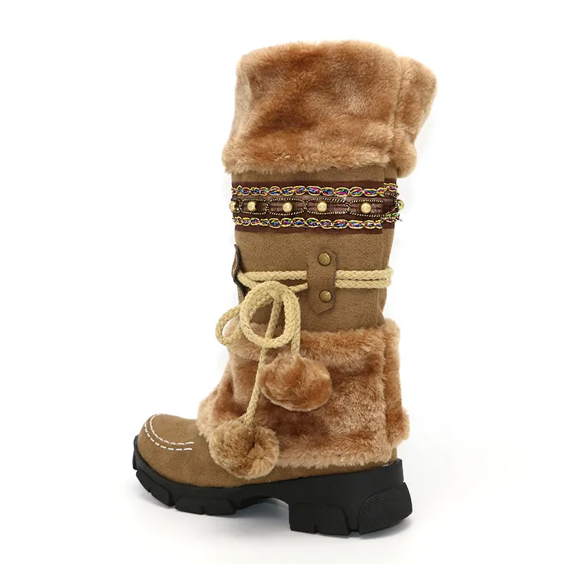 Cena Coolcept moda Bohemia śnieg buty damskie szpilki pluszowe futro wewnątrz ciepłe zimowe buty damskie platformy kolana wysokie Botas Size35 43