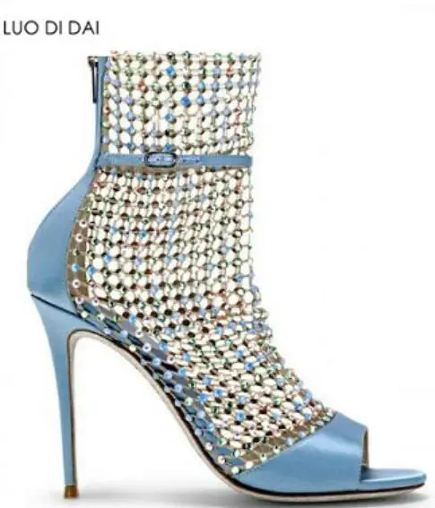 

2019 Sexy women summer sandals boots air mesh booties peep toe high heels boots rhinestone stud party shoes back zip sock boots