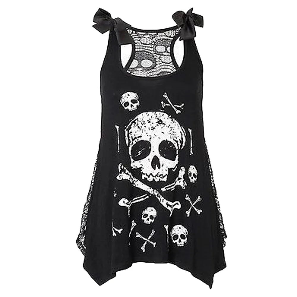 

New crop top Women Fashion Skull Print Loose Lace Patchwork Casual Sleeveless summer Tops Hot Girl Vest Cropped Tops hot sale #5