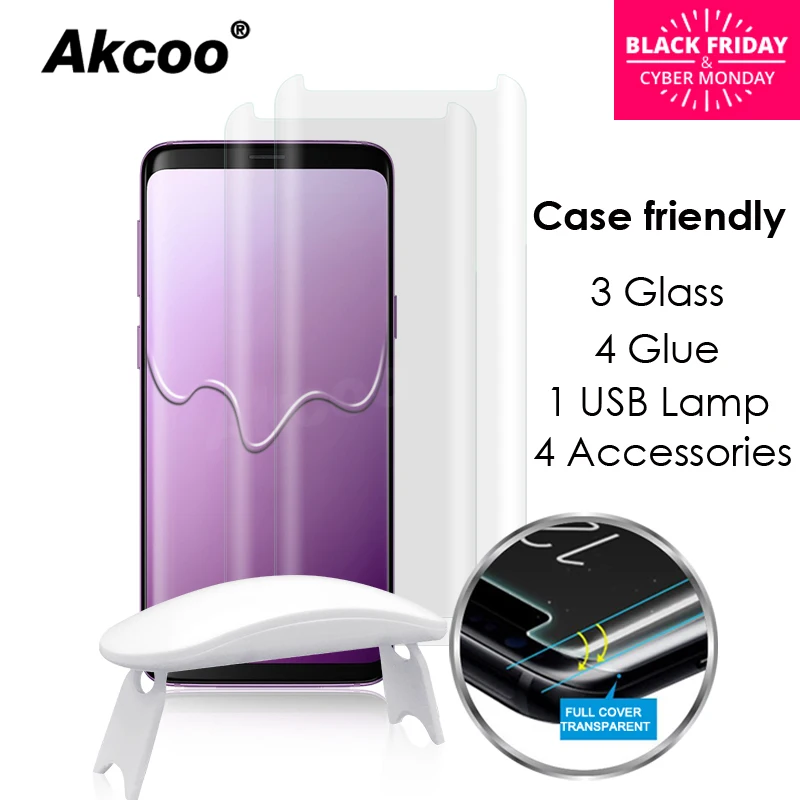 Akcoo Note 9 full glue glass screen protector with liquid adhesive for samsung S8 9 Plus note 8 S7 edge case friendly protector
