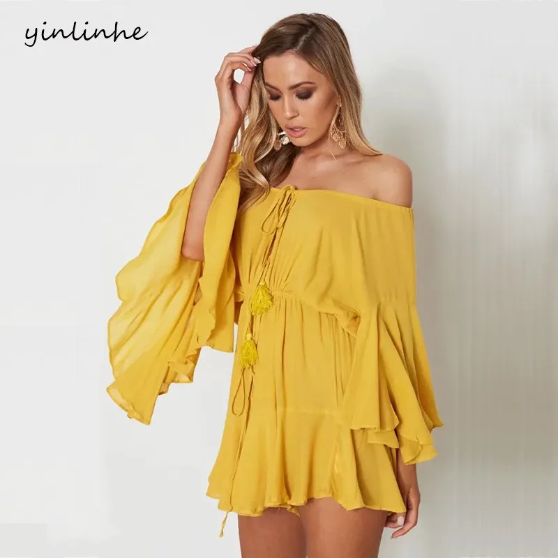 Yinlinhe Yellow Playsuit Women Off Shoulder Lace Up Hollow Out Long
